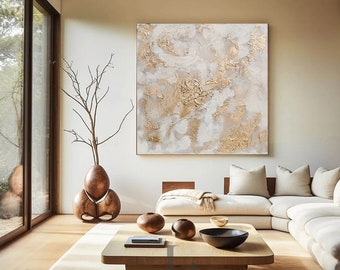 Wabi Sabi Wall Art Decor - Gold Leaf Abstract Canvas - Statement Artwork for Neutral Rooms - Large Minimalist Painting