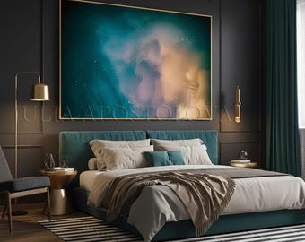 Teal Abstract Art Minimalist Painting, Dark Emerald Green Original Print, Large Canvas, Modern Living room Boho Bedroom Home Office Decor