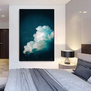 Cloud Painting Print, Dark Teal Wall Art for Trending Decor, Large Wall Art, Minimalist Painting Cloud Canvas Art Gift by Julia Apostolova image 2