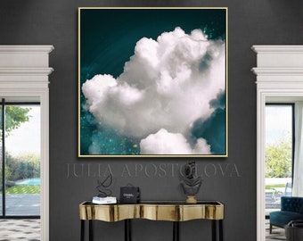 46'', Cloud Wall Art, Framed Cloud Art, Unique Wall Art, Trending Now Prints, Dark Teal Painting Canvas Print & Gold Frame, Clouds and Stars