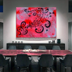 Abstract art music notes print on large canvas from Original Music Painting, pink black art wall decor, abstract music print, Gift for Her image 2