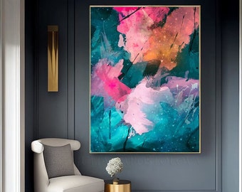 Art Print, Abstract Painting, Teal Print, Large Canvas Art, Botanical Eclectic Wall Art, Maximalist Art, Home Wall Decor, Floral Abstract