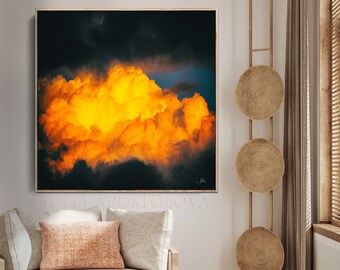 55'', Black Orange Wall Art Extra Large Cloud Painting, Celestial Artwork, Oversized Canvas Abstract Cloud Art, Cloud Print, Dark Wall Art