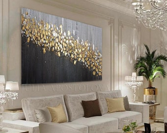 48'', Gray Gold and Black, Oil Large Gold Leaf Original Abstract Wall Art for Modern Interiors, XXL Canvas Gold Painting by Julia Apostolova