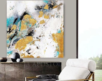 Gold Leaf Painting, Black White Gold Art, Abstract Painting, Large Wall Art Turquoise, Modern Art, Julia Apostolova, Passing Thru The Light'