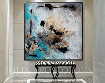 Gray Wall Art Gold Leaf Abstract Painting Black Gold Artwork, Teal Black and Gold Watercolor Large Canvas Glam Wall Art for Modern Interiors