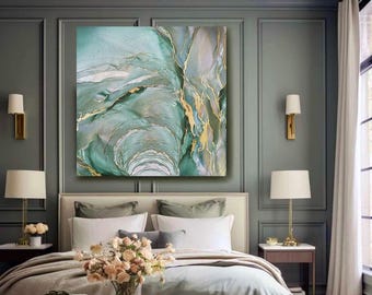 Sage Green Wall Art Framed Abstract Painting Extra Large Gold Leaf Print on Canvas Ideal for any interior, modern boho decor - Gift for Her