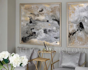 Huge Wall Art Gold Leaf Painting Set of 2 Wall Decor Gold Leaf Abstract Textured Large Art Luxury Prints Glam Wall Art by Julia Apostolova