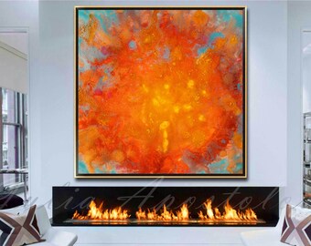 Sunset Print, Large Wall Art, Abstract Painting, Sunset Watercolor, Orange and Teal, Sun Print, Turquoise, Julia Apostolova, 'Fiery Sunset'