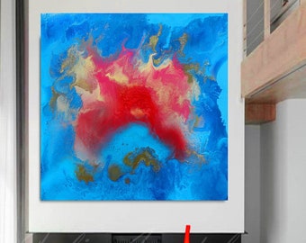 Abstract Canvas Art Ocean Print, Blue Red Floral Abstract Painting with gold accents, Large Seascape Art, Unique Beach Home Decor, Mens Gift