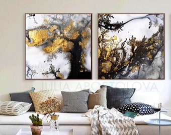 Set of Two Gold Leaf Paintings, Black White Gold Wall Art Abstract, Contemporary Art for Living Room Decor, by Julia Apostolova