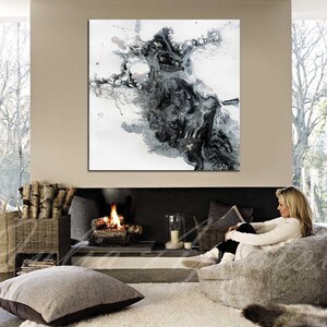 45x45'', Black and White Watercolour Painting, Abstract Print, Large Wall Art, Canvas Art Abstract, Black White Print, Modern Wall Decor image 10