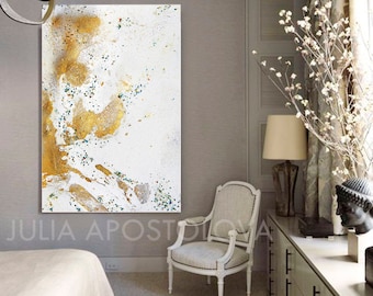 Gold Leaf Art, Modern Minimal Abstract Watercolor, Gold and White Canvas Painting, Lage Minimalist Art by Julia Apostolova, ''Eternal Light'