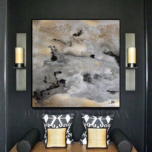 45'', Watercolor Abstract Print,Goldleaf, Gold and Black Art, Large Wall Art, Gray Gold Art for Large Spaces, Gray Painting Canvas by Julia image 2