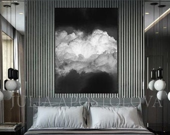 Minimalist Art Decor, Black and White Cloud Painting Print, Black Art Couds, Dark Sky, Minimal Wall Art for Office or Home Decor up to 58''