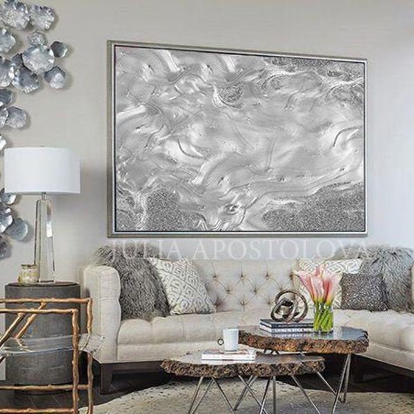 Décoration murale grise, peinture abstraite minimaliste, impression abstraite gris argenté, toile grise avec touches brillantes, oeuvre d'art murale en marbre, peinture d'intérieur