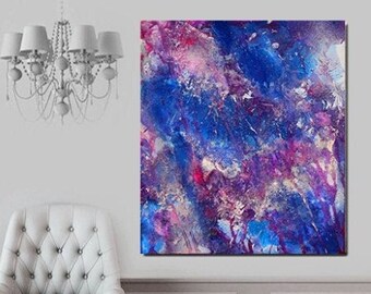 Large Print, Blue Purple, Abstract Painting, Blue Art, Lilac Painting, Silver, Modern Wall Art, Blue Home Decor, Living room Art