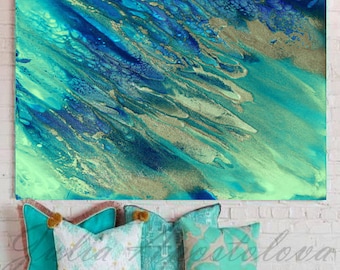 48'', Ocean Beach Art, Watercolor Print, Extra Large Wall Art, Seascape, Turquoise Blue, Large Canvas Teal, Large Abstract Emerald, Nautical