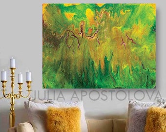 GREEN Painting, Abstract Green ART, Framed CANVAS Print Modern Lime Green Decor, Large Wall Green Art, ''Acid Green'' by Julia Apostolova
