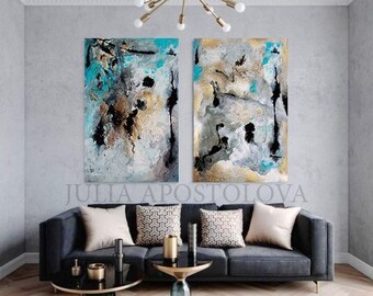 Huge Wall Art Gold Leaf Painting Set of 2 Gold Leaf Abstract Textured Large Art Prints Gray Gold Wall Art Luxury Decor by Julia Apostolova