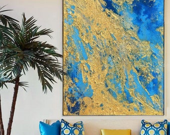 Abstract Art Blue and Gold Wall Art Coastal Landscape Giclee Large Print Watercolor Abstract Painting Canvas Large Art by Julia Apostolova