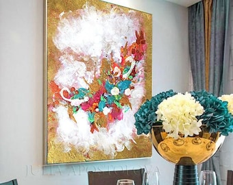 Gold Leaf Abstract Floral Painting, Large Wall Art, Gold Painting, Large Canvas Art, Original Abstract Art, New Home Gift by JuliaApostolova