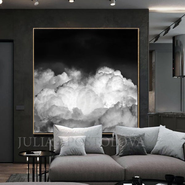 55 pouces, impression nuage noir et blanc, peinture minimaliste, art mural nuage, grand art mural, décoration tendance moderne pour bureau, toile nuage, cadeau pour lui