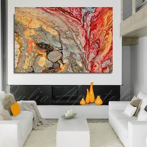 Print on Canvas, Abstract Painting, Red and Gold, Colorful Wall Art ...