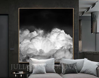 55'', Black White Cloud Print, Minimalist Painting Cloud Wall Art, Large Wall Art Modern Trend Decor for Office, Cloud Canvas, Gift for Him