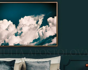 Clouds Wall Decor, Sky Cloud Print, Dark Teal Wall Art, Abstract Cloud Painting, Cumulus Clouds, Huge Wall Art Canvas by Julia Apostolova