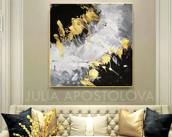 Grey Gold Black Art, Elegant Wall Art for Livingroom, Textured Canvas, Black Gold Painting, Above Couch Decor, Large Abstract Minimalist Art