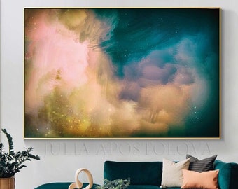 Large Abstract Painting, Teal Canvas, Modern Celestial Wall Art, Large Teal Art, Original Print Painting, Living Room Art, Home Office Decor