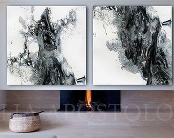 Large Wall Art, Black White Abstract, Black White Canvas Art, Set of 2 Embellished Prints, Modern Decor, Minimalist Art by Julia Apostolova