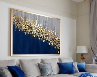 Abstract Original Painting, Navy Blue Gold Wall Art for Modern Decor, Large Wall Art, Minimalist Painting Gold Leaf Canvas Art Gift by Julia