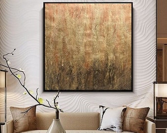 Arte de pared neutro con oro metálico brillante y cobre - Pintura enmarcada ''Golden Bliss'' para una decoración elegante del hogar por Julia Apostolova