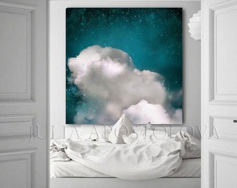 Celestial Teal Cloud Art, Large Wall Painting with Clouds and Stars, Canvas Print for Dreaming Bedroom Decor, Julia Apostolova
