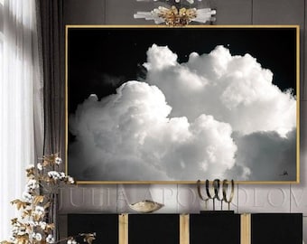 80'' CLOUD PAINTING Black and White Cloud Wall Art Minimalist Painting Print Abstract Cloud Canvas & Large Wall Art Modern Painting by Julia