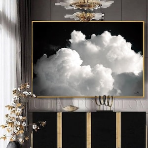 80'' CLOUD PAINTING Black and White Cloud Wall Art Minimalist Painting Print Abstract Cloud Canvas & Large Wall Art Modern Painting by Julia image 1