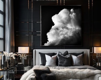 May include: A luxurious bedroom with a large bed, featuring a plush faux fur throw and decorative pillows. A black and white cloud art piece hangs above the bed. The room has a modern design with dark walls, a large window, and a crystal chandelier.