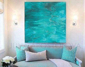 Teal Art Print, Abstract Turquoise Painting, Minimalist Large Canvas Boho Wall Art Decor, ''Polynesian Dream'' by Julia Apostolova