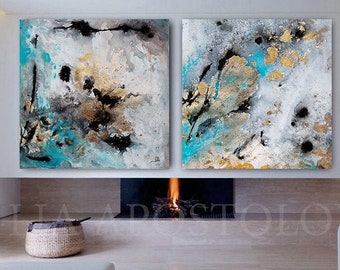 90x45inch, Set of Two Paintings, Abstract Watercolor Print, Gold Leaf Painting, Teal, Turquoise, Black and Gold Print, Extra Large Wall Art