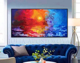 Abstract Seascape Oil Painting on Canvas, Extra Large Wall Art Print of Original Painting, Sunset Art, Colorful Wall Decor Living Room