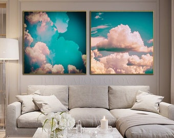 Extra big cloud art, teal skyline and candy clouds, large cloud wall art, home boho decor, oversized cloud paintings, extra large canvas art