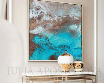 Abstract Wall Art, Coastal Print, Modern Watercolor Painting on Canvas, Copper Teal Turquoise Luxury Decor, Large Wall Art, Julia Apostolova