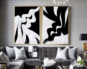 Black and White Huge Wall Art Paintings, Abstract Canvas Set of 2 Framed Paintings for Modern Decor, Black White Abstract Oversized Painting