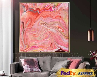 Coral Wall Art, Pink Peach Coral Abstract Art, Large Painting Above Bed, Abstract Pink Art, Abstract Coral Art Print by Julia Apostolova