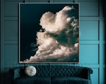 Dark Teal Wall Art, Cloud Art Painting, Stormy Cloud Print, Oversized canvas wall art clouds, Minimalist Art for Scandinavian Modern Decor