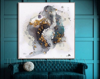 55'', Huge Gray Black White Gold Abstract Art Canvas, Contemporary Art Painting with Gold Leaf ''Land Below the Clouds'' by Julia Apostolova