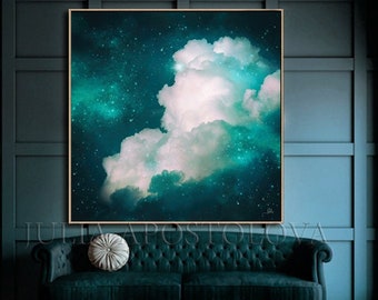 55'', Teal Wall Art Extra Large Cloud Painting, Celestial Artwork, Oversized Canvas Abstract Cloud Art, Night Sky Print, Dark Teal Art