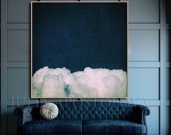 Abstract Cloud Art, Dark Blue Painting Cloud Print, Navy Blue Wall Art Trend Decor, Large Cloud Oil Painting on Texture Canvas, Gift For Men